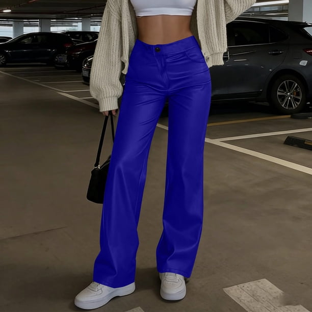 Pincandy Women's Solid Color Casual Pants with Leather-Look Buttons - Elastic Waist, Zipper Fly, Loose Wide Leg Fit with Pockets, Stylish Addition to Your Wardrobe