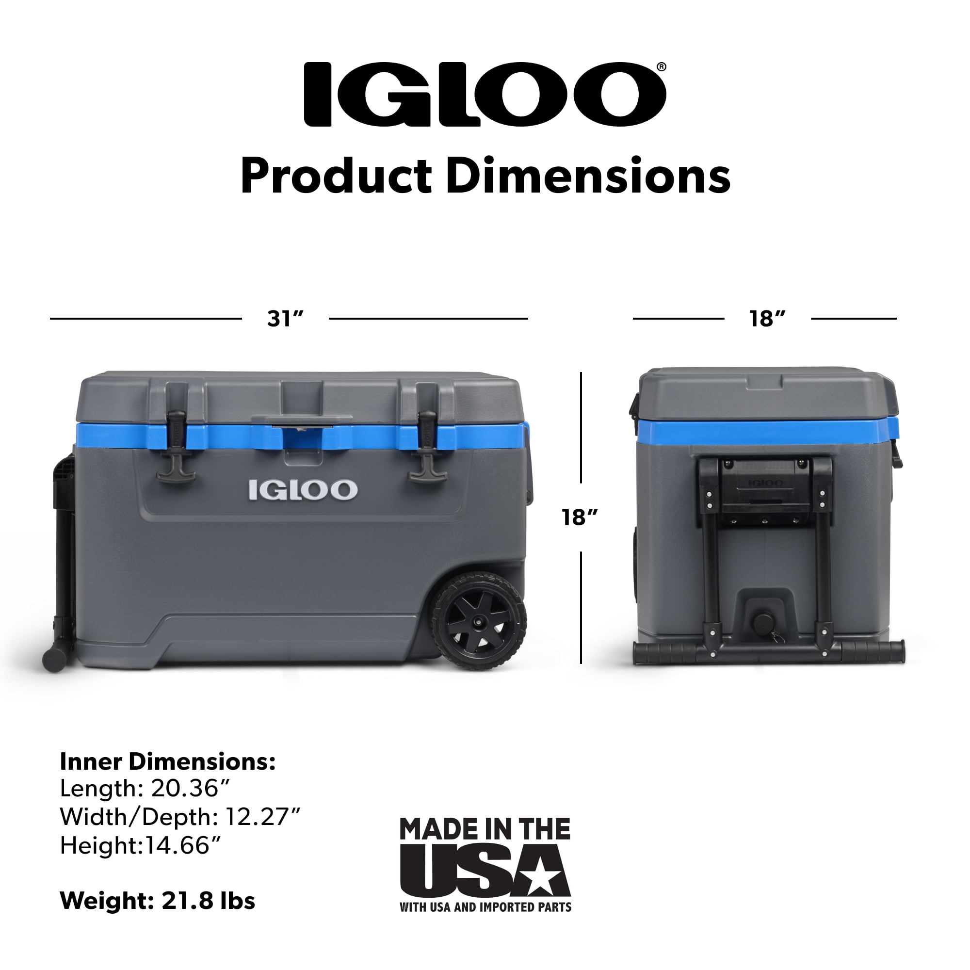 Igloo 72 QT Overland Ice Chest Cooler with Wheels, Gray and Sneaky Blue