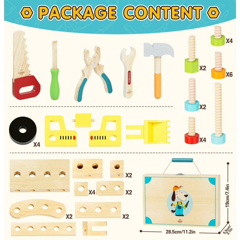 OROLIVING Wooden Kids Tool Set, Toddler Mechanic Toys with Box