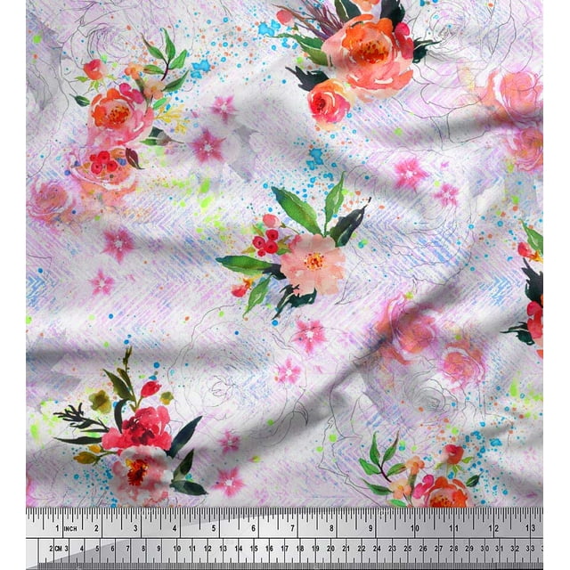 Soimoi Tissu Popeline de Coton Imprimé Feuilles & Roses au Mètre 42 Pouces de Large