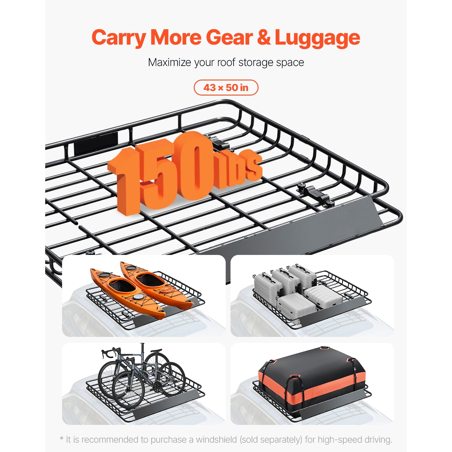 KFFKFF Universal Roof Rack Cargo Carrier, 43 x 50 x 4.1 in, Rooftop Luggage Basket with 150 lbs Load Capacity, 4.1 in Side Rails, Durable Alloy Steel, Wind Deflector, for SUVs and Cars