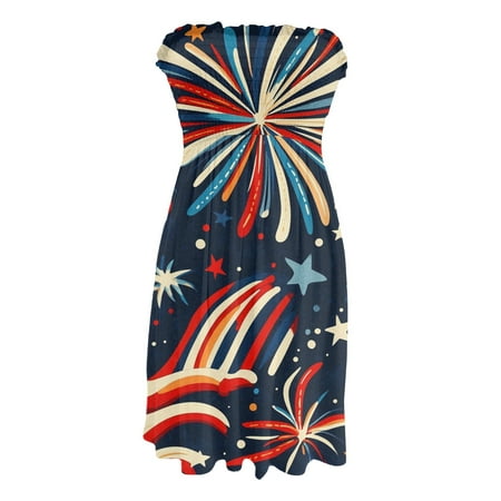 CHCNHAC 4th Of July Tube Dresses for Women Stars and Stripes Print Dresses Patriotic Elegant Flowy Swing Strapless Vacation Dress Blue 2XL