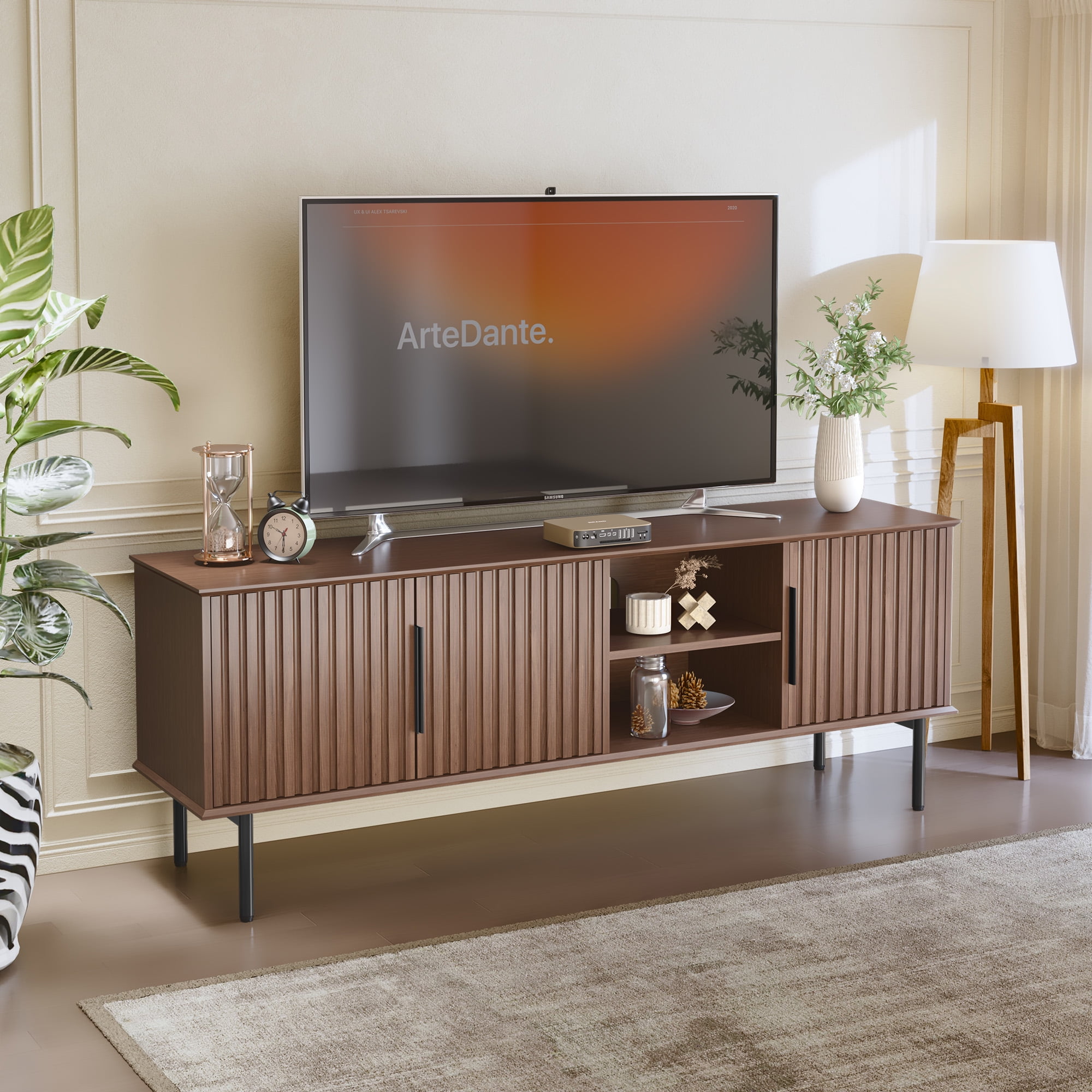 HLR Mid Century Fluted 66" TV up to 75" Stand with Storage, Modern Wooden Entertainment Center Console for Living Room, Brown