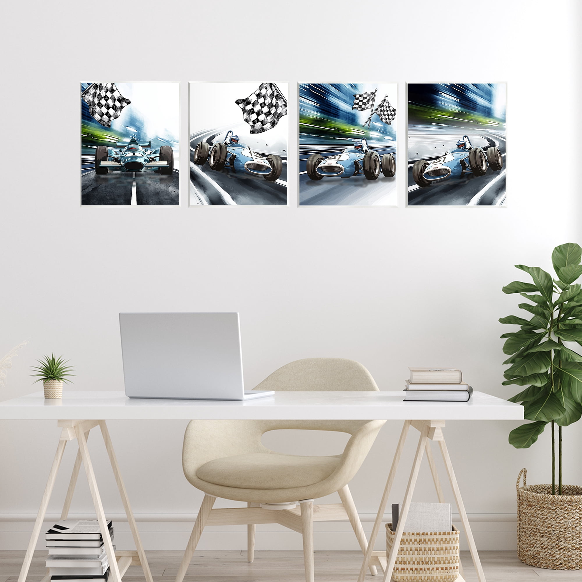 Stupell Industries Ready Set Racecars 4 Piece Wall Plaque Art Set, design by Christine Simpson Art