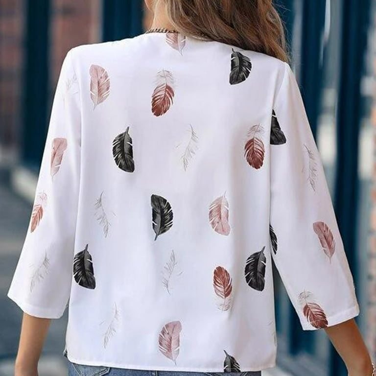 Youtalia Womens 3/4 Cuffed Sleeve Chiffon Printed V Neck Casual Blouse  Shirt Tops