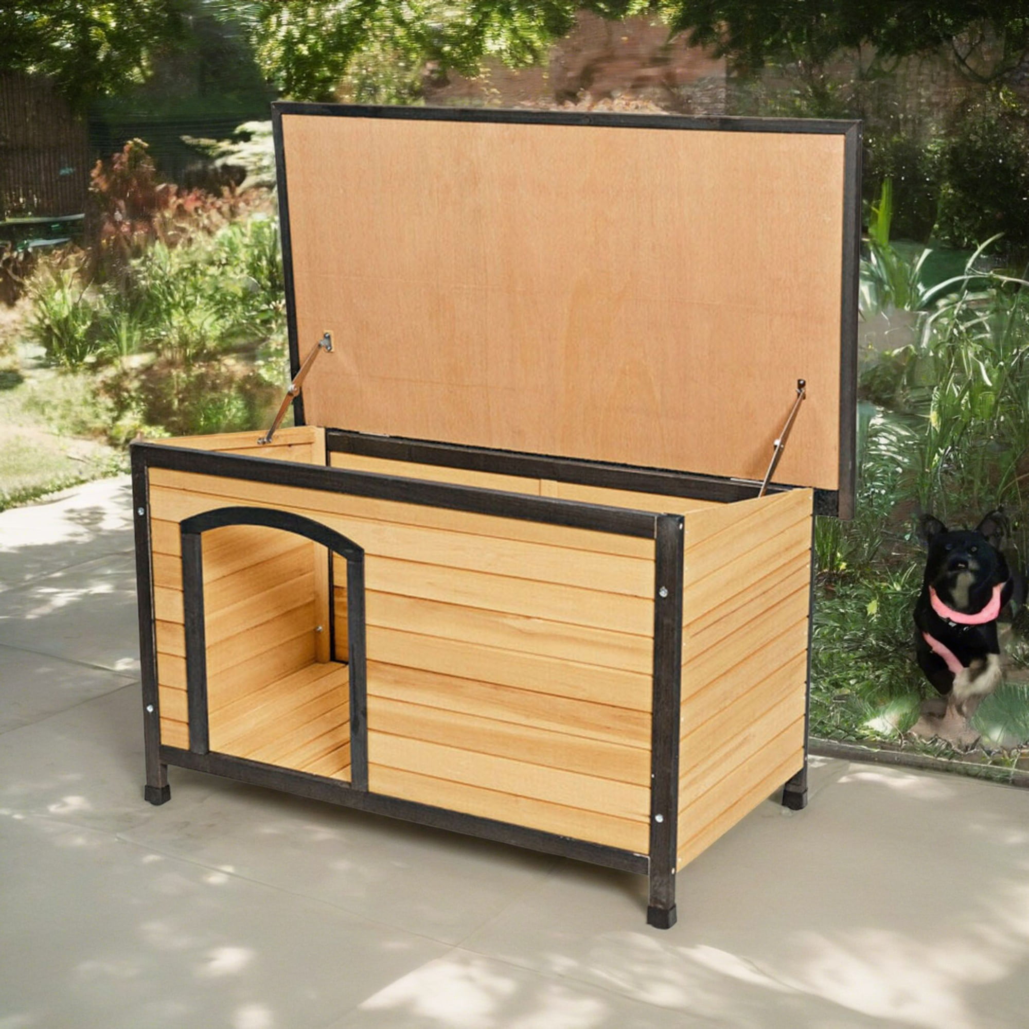 Pefilos 33" Wood Dog Houses for Small Dogs, Outdoor Weatherproof Pet Cat House with Hinged Roof, Beige Pefilos 33" Wood Dog Houses for Small Dogs, Outdoor Weatherproof Pet Cat House with Hinged Roof, Beige