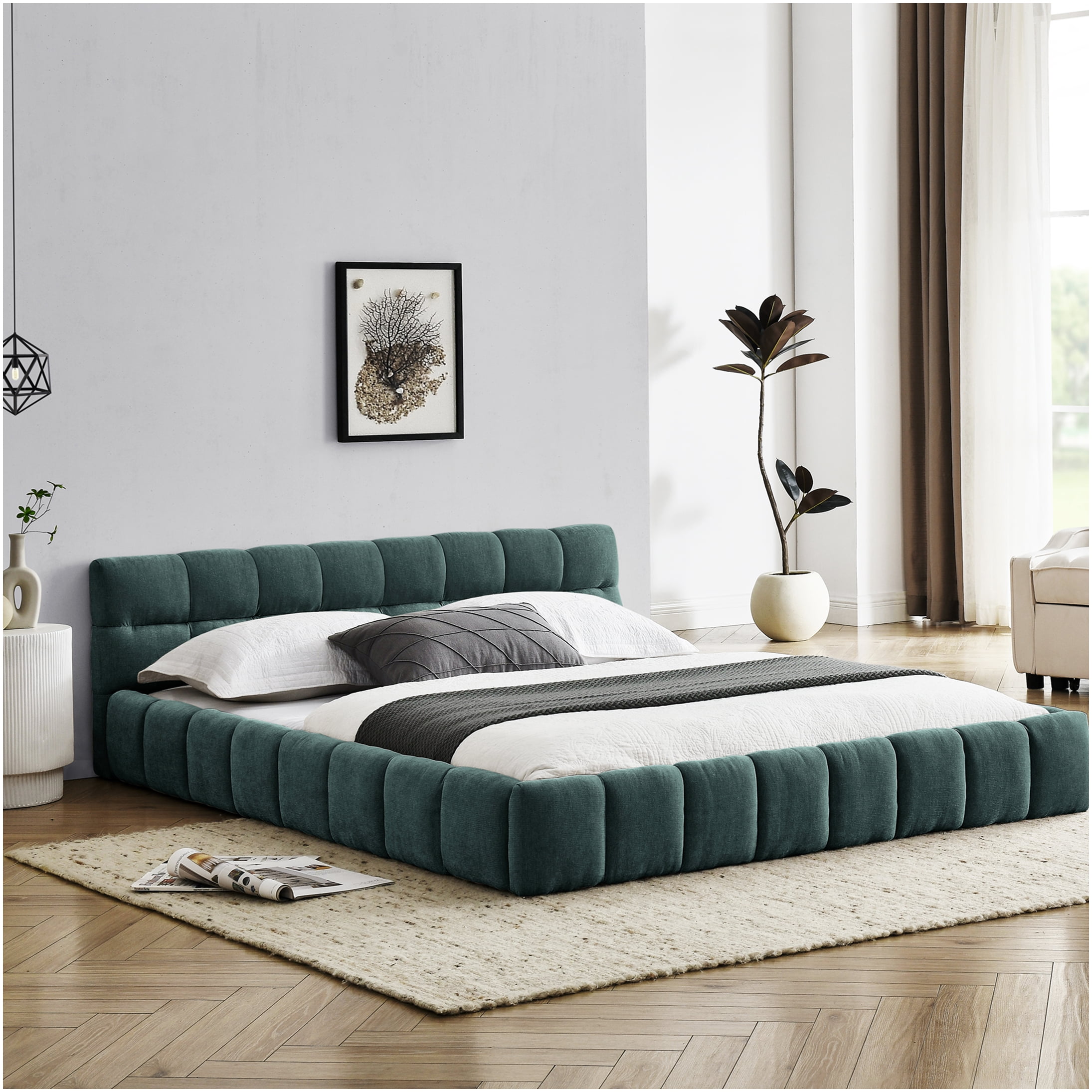 Queen Size Upholstered Platform Bed Frame with Headboard, Modern Chenille Fabric Bed, No Box Spring Needed, Blue Green