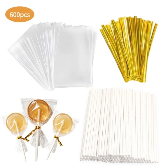 RYLZX 600Pcs Lollipop Stick, 6IN Cake Pop Sticks with Clear Treat Bags & Gold Twist Ties, Cake Pops Making Tools for Lollipops, Candies, Chocolates Cookies