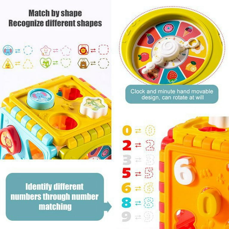 Wooden Activity Cube for Toddlers 1-3, 5 in 1 Ocean Animal Shape Sorter  Bead