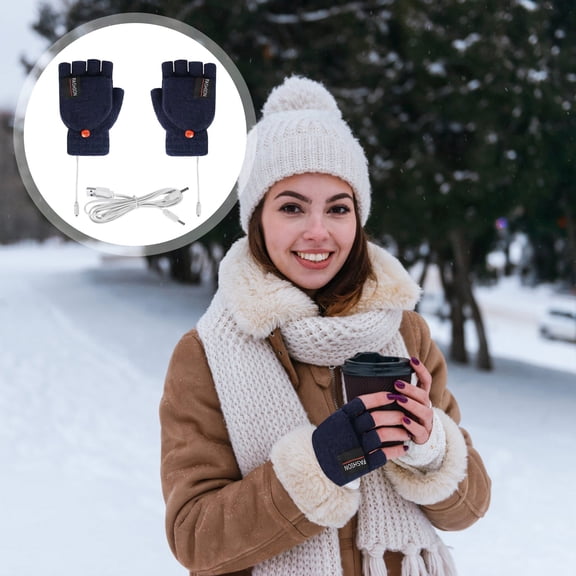 Denhf Unisex USB Heated Gloves, Rechargeable Full and Half Fingers Heating Gloves, Winter Hand Warmer Heat Gloves for Women Men, Portable Heated Mittens, Gifts for Cold People, Dark Blue