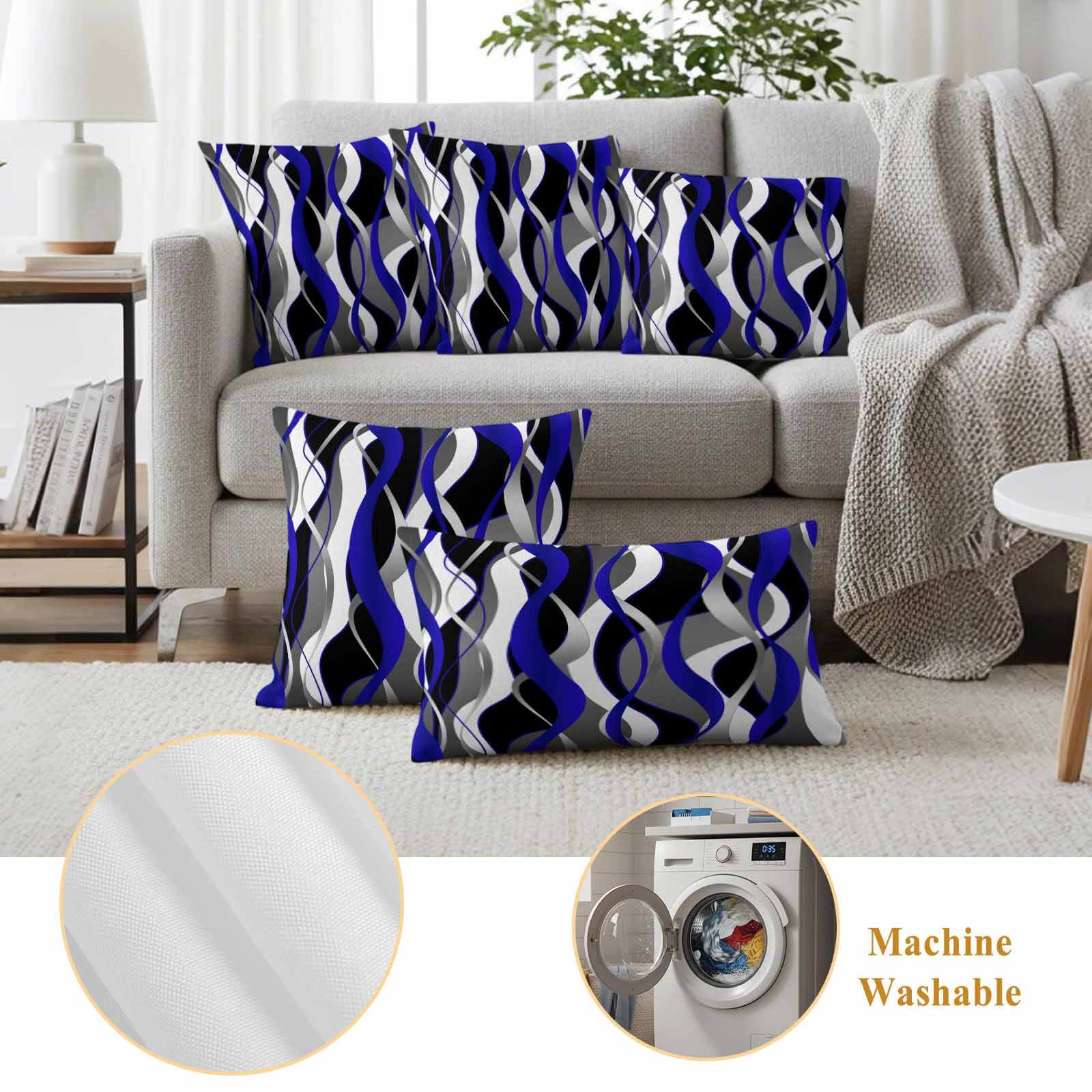 Blue Stripe Outdoor Waterproof Pillow Covers, Ombre Grey Moire Geometric Modern Abstract Decorative Square Throw Pillowcase Sofa Cushion Sham for Patio/Couch/Chair, 18"x18" 2 Pack
