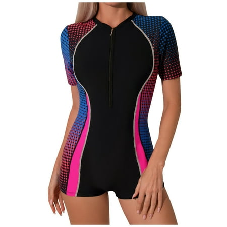 WEAIXIMIUNG Swimsuit Coverup for Women Plus Size Shorts Women s Zip Front Padded Swimwear Wireless Bra Support Fashionable Short Sleeve Monokini Beach