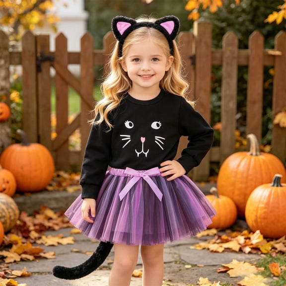 Glisme Girls Halloween Outfits Long Sleeve Round Neck Tops Skirts Cartoon Prints 2 Piece Set Relax Fit Toddler Clothes Purple