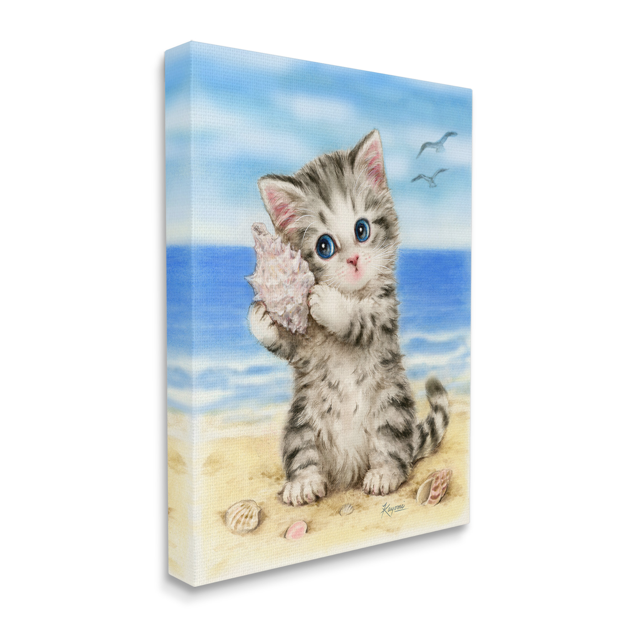 Stupell Industries Kitten with Conch Shell Animals & Insects Painting Gallery Wrapped Canvas Art Print Wall Art, 24 x 30