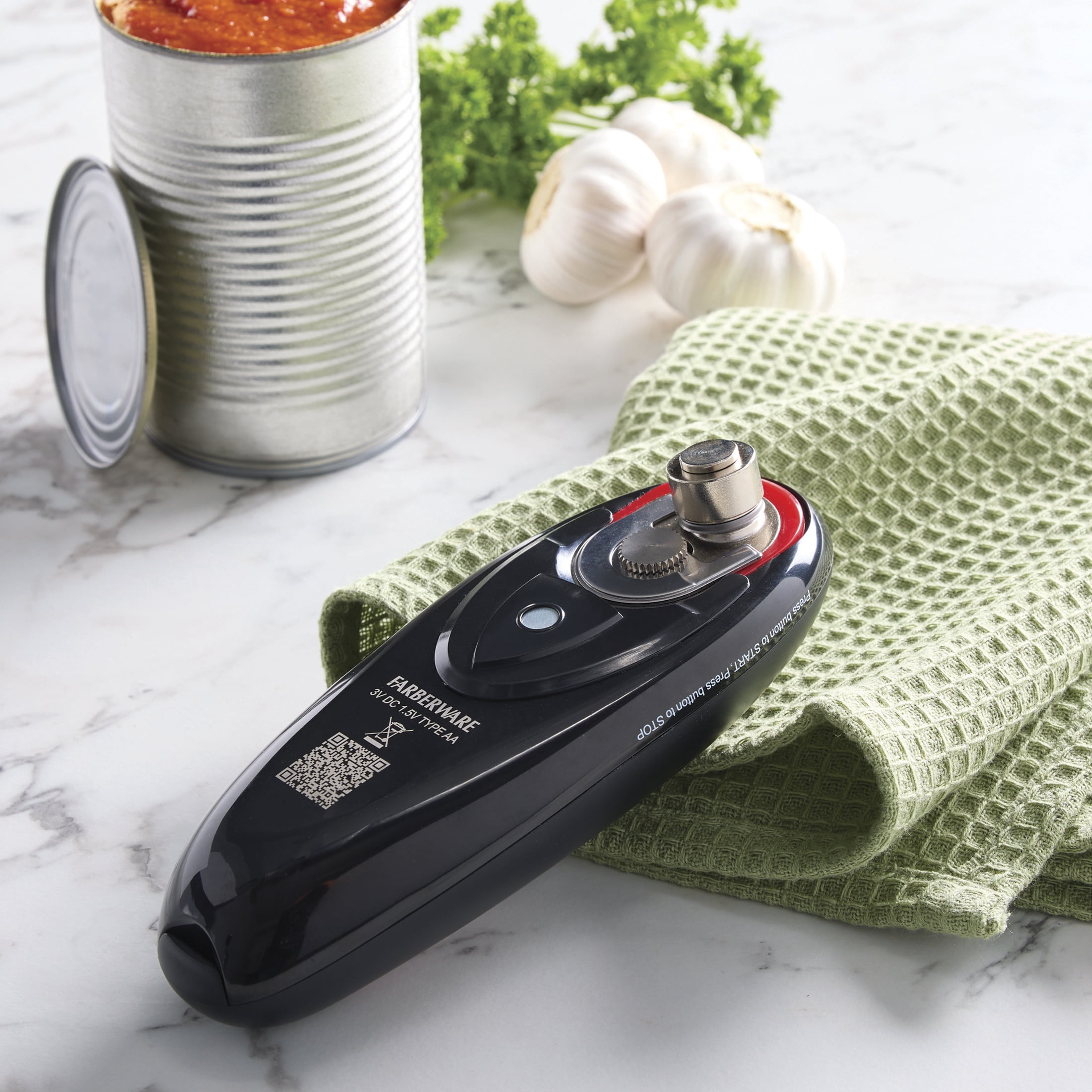 Farberware Hands-Free Battery-Operated Black Can Opener in Red