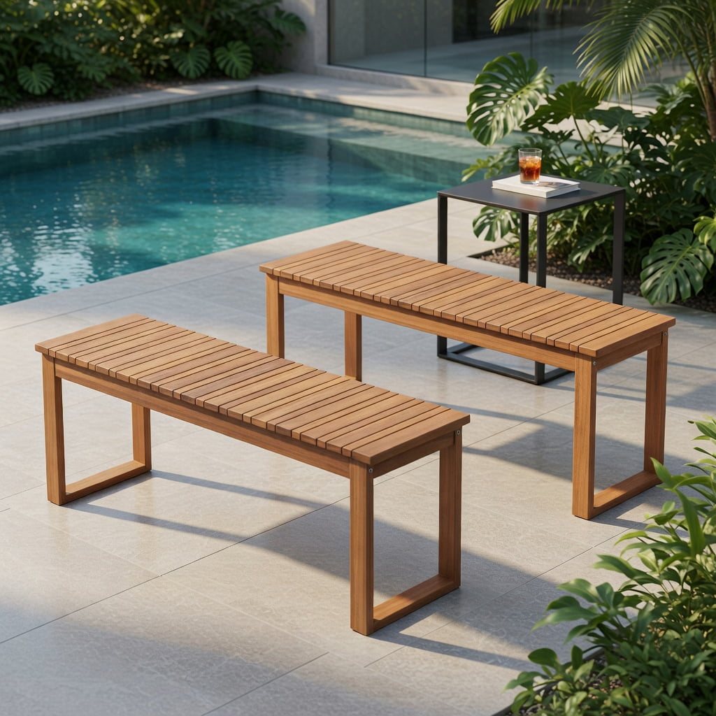 Hommoo Acacia Wood Outdoor Garden Bench Set of 2, Slatted Seat Patio Bench for Porch, Balcony & Backyard, Natural