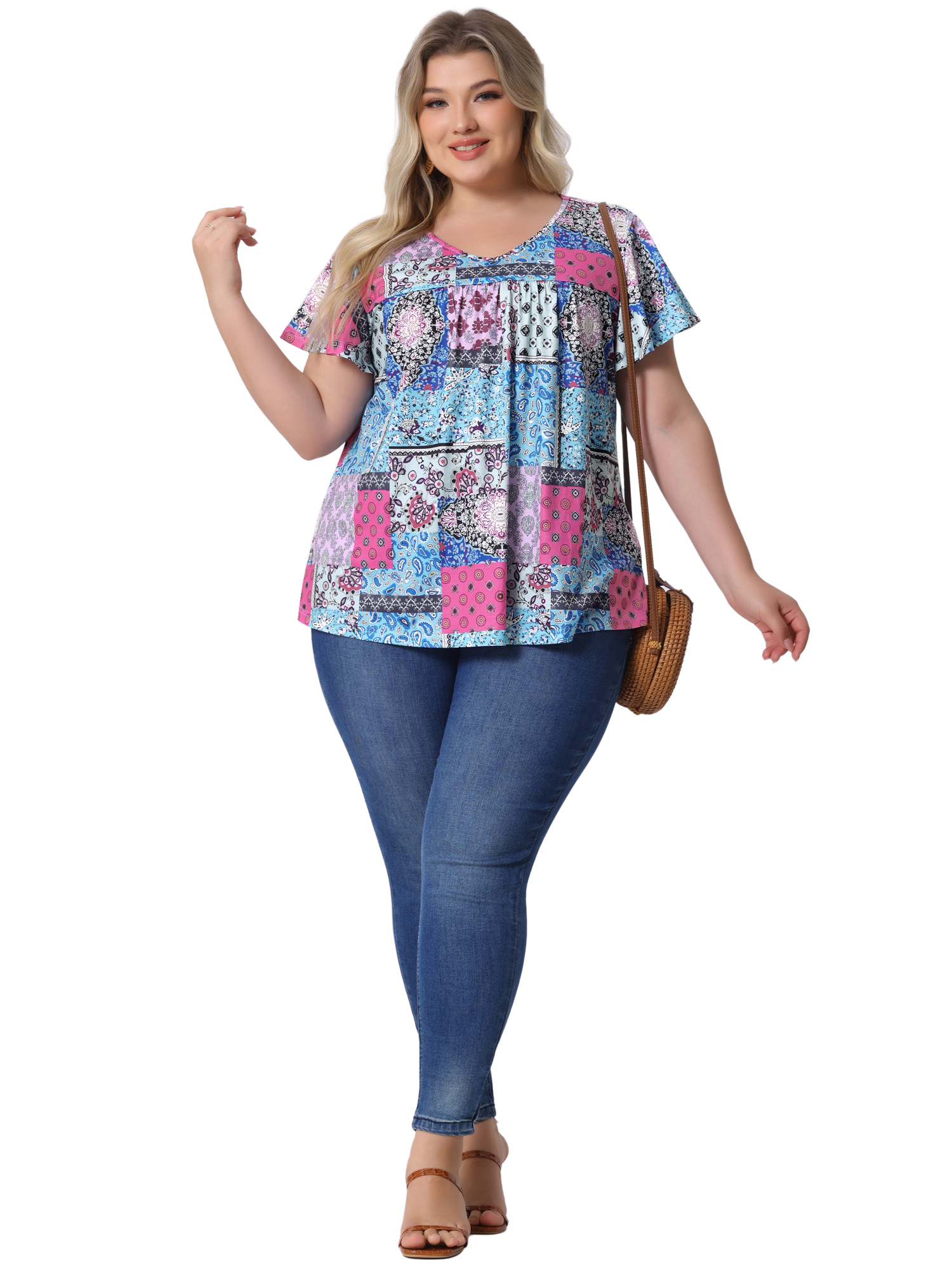 DARING DIVA Women's Plus Ruffle Boho Floral T Shirt 1X Blue Pink Block