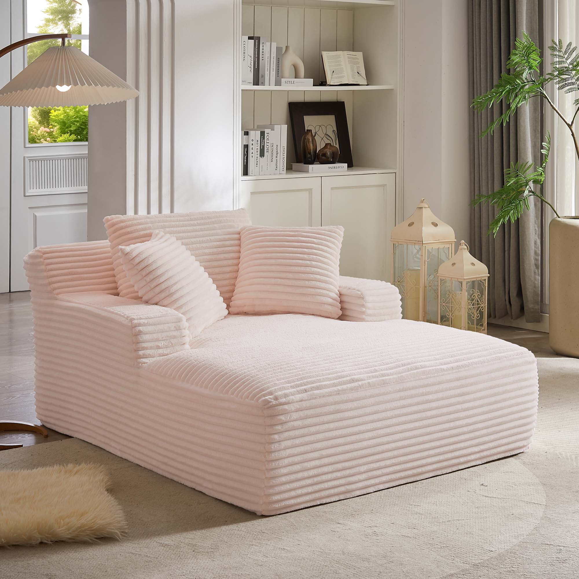 Miniyam Pink Oversized Chaise Lounge Chair Indoor, Corduroy Upholstered Modern Sofa Couch,No Assembly Required,Comfy Sleeper Sofa for Living Room,Office