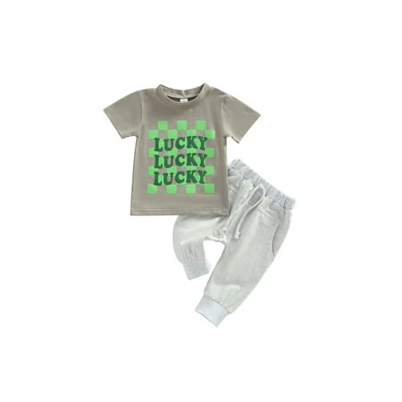 

AmShibel Baby Boys St. Patrick s Day Clothing Set Short Sleeve Crew Neck Plaid Letters Print T-shirt + Elastic Waist Sweatpants