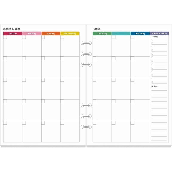 Monthly Planner Refills for A5 Binders - 53 Sheets/106 Pages Undated Colorful Monthly Planner, 6-Hole Punched, 100 gsm White Paper, Lasts 2 Year, Undated, 5.8" x 8.3"