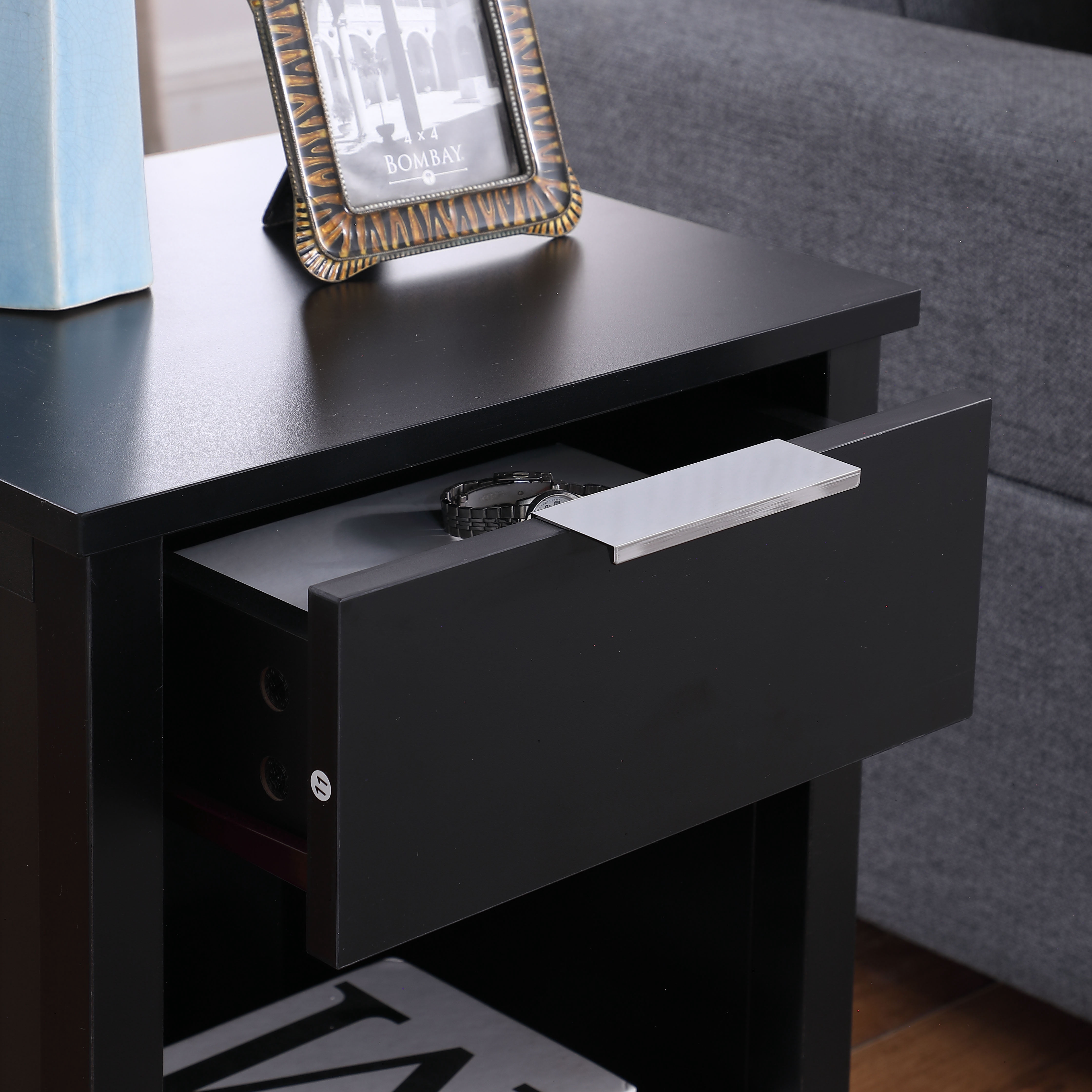 Nightstand with Drawer,3-Tier End Side Table with Storage Drawer and Shelf,Modern Bedside Night Stand for Bedroom, Living Room-Retro Black
