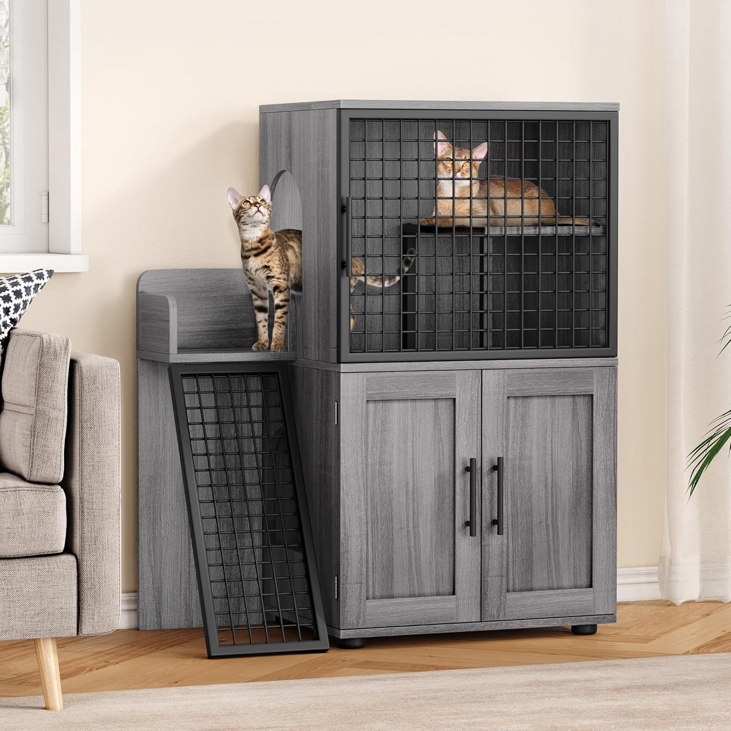 Grab Great Offers Modern Cat Litter Box Enclosure – Dual Layer Hidden Cat Washroom with Sturdy Ladder, Ideal Cat Cabinet for Indoor Cats in Black