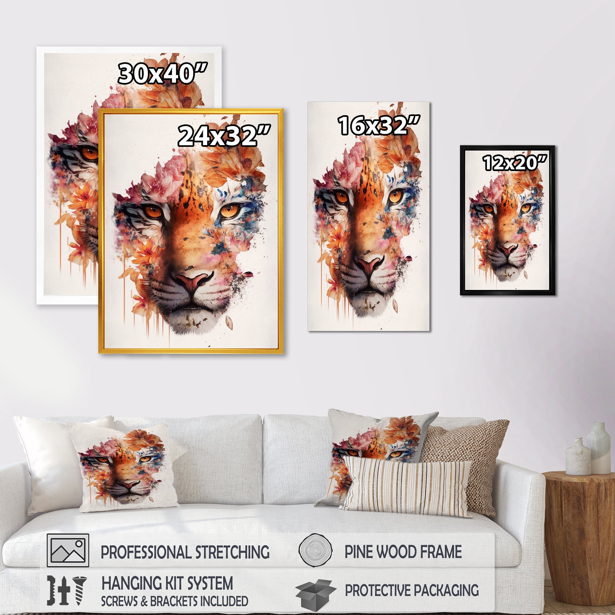 Designart Tiger Portrait With Flowers III Canvas Wall Art