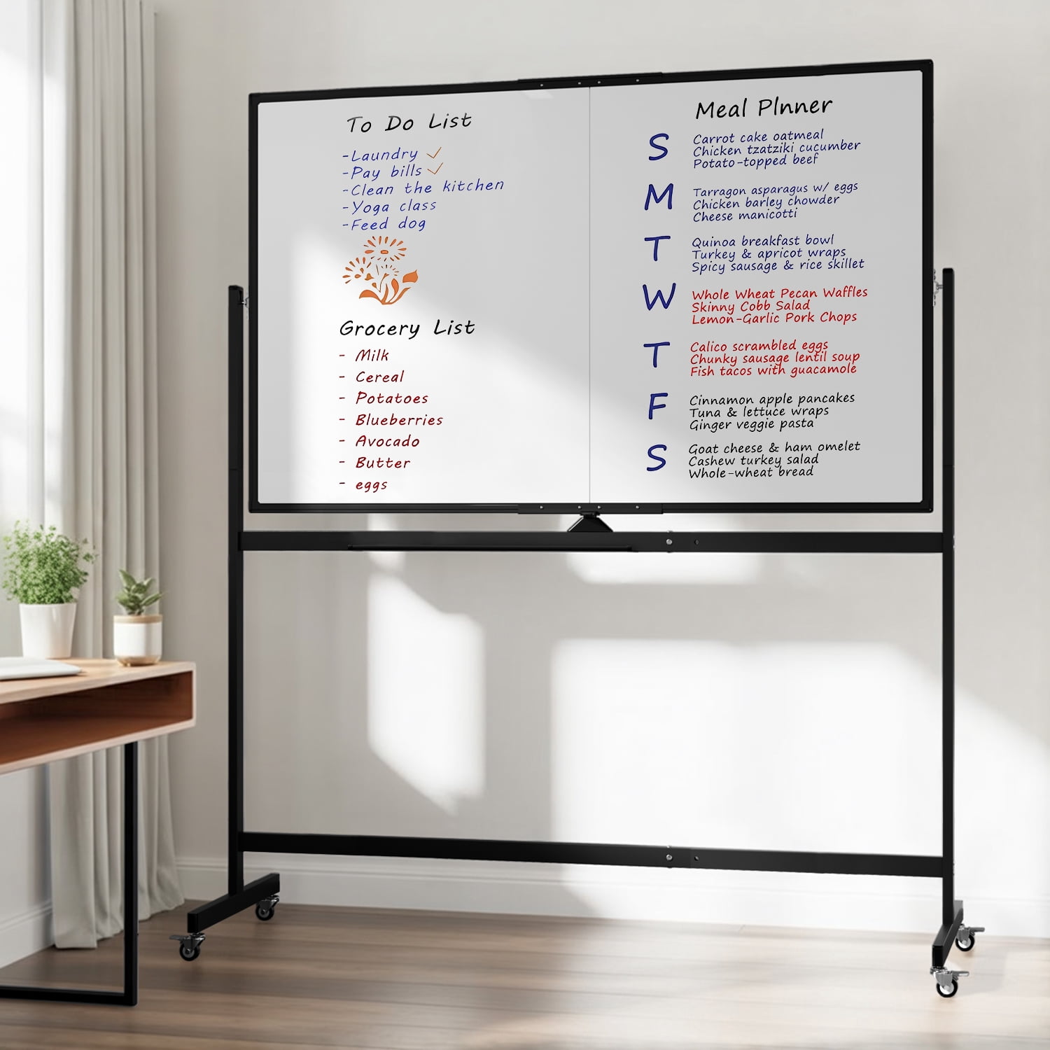 Tooloton Large Rolling Whiteboard on Wheels, 48 x 36 Inches with Stand, 4' x 3' Magnetic Dry Erase Board Easel, Black