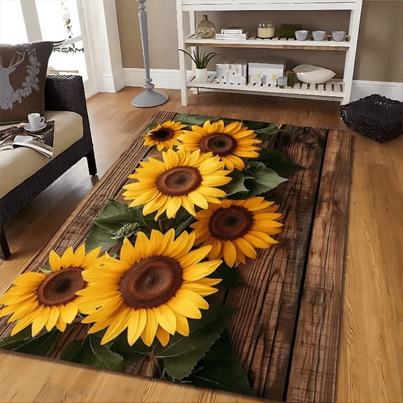 Sunflower Print Flannel Floor Mat Non Slip Washable Rug Home Decor