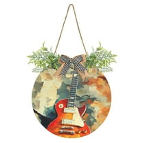 Fire Red Guitar Front Door Porch Decoration Hanging Sign with Artificial Green Plants and Bow for Home Outdoor Indoor