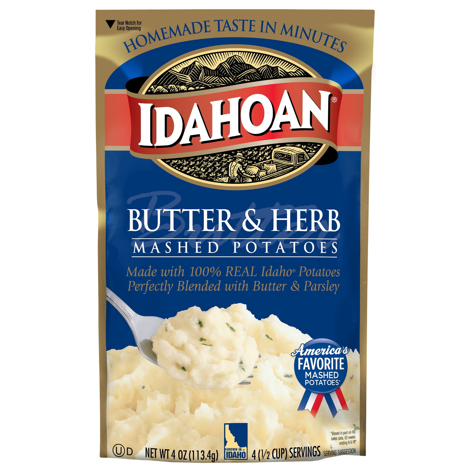 Idahoan Butter & Herb Mashed Potatoes, 4 oz Pouch pack of 4 Real Idaho Potatoes and Holiday Thanksgiving Christmas Dinner