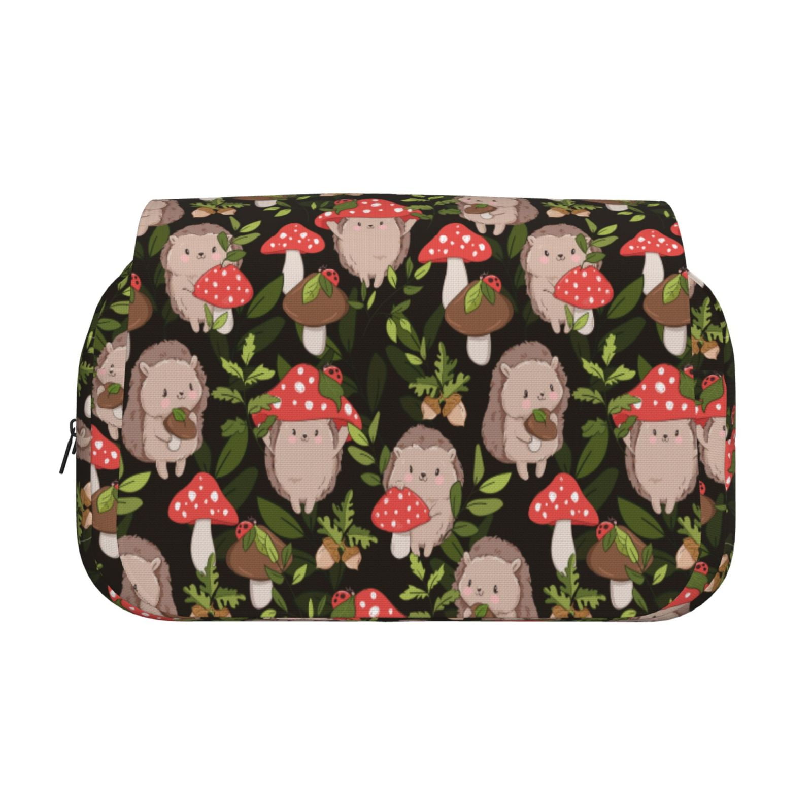 Rateoe Edgehog and Mushrooms Pattern Double Clamshell Pen Case, Storage Organizer with Two Zipper Compartments– Holds Up to 50 Pencils & Pens