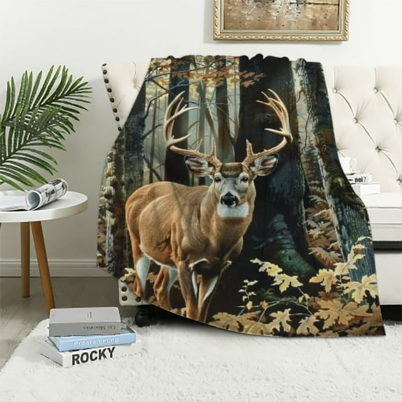 Nawypu Camo Buck Deer Blanket for Bed, Woodland Throw Blanket for Men, Women and Kids - Super Soft Plush Deer Blanket Throw, Blanket