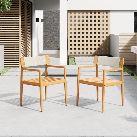 FFZ Braided Acacia Wood Outdoor Dining Chair Set of 2 with Armrests, Teak Look and White Rope, Teak