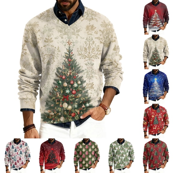 Wutalume Men's V-Neck Christmas Print Sweater, Long Sleeve Ribbed Knit Pullover, Cozy Stretch Top for Holiday Parties, Casual Comfort and Layering,Army Green L