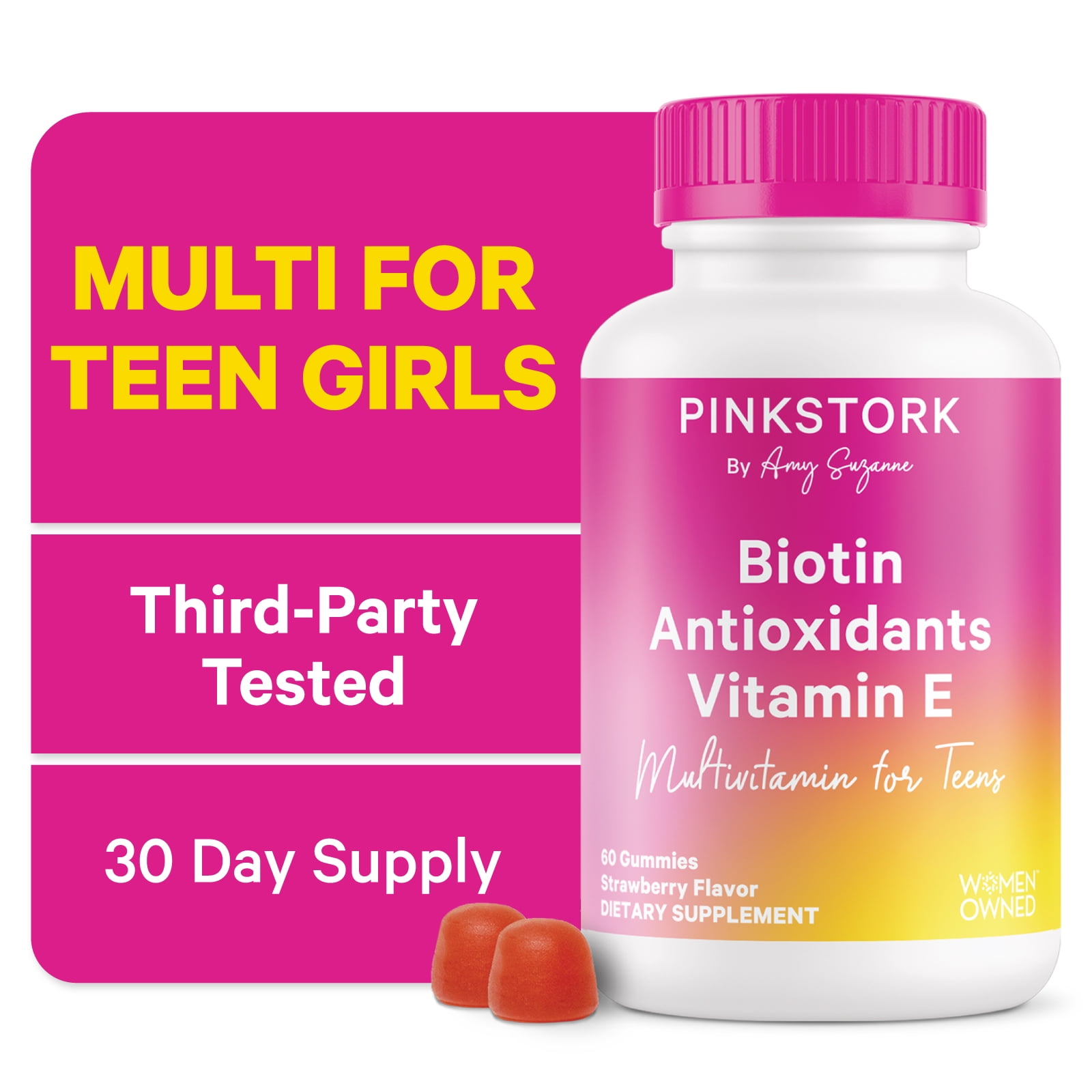 Pink Stork Biotin, Antioxidants, Vitamin E Multivitamin for Teens 60 Gummies - Beautiful Hair, Radiant Skin, Strong Nails, + Immune Support
