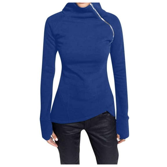 oqasdz Women Solid Color Long Sleeve Pullover Turtleneck Zipper Regular Fit Comfort Classic Blouse Top Stretch Soft Summer Dailywear