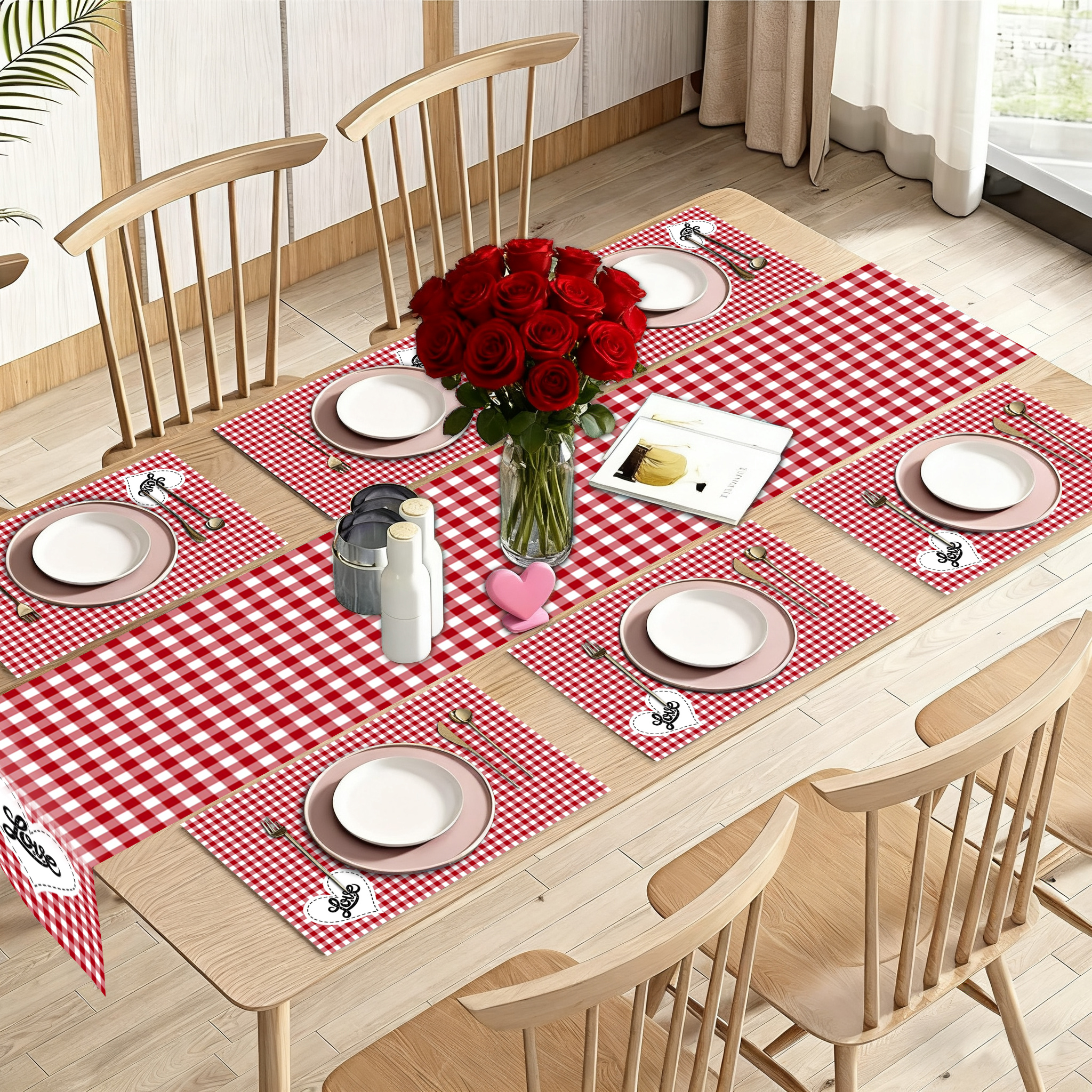SUNOLIFE Valentine Placemat Set of 6 and Table Runner 72 In Bufflo Plaid Linen Place Mats for Dining Table Decor