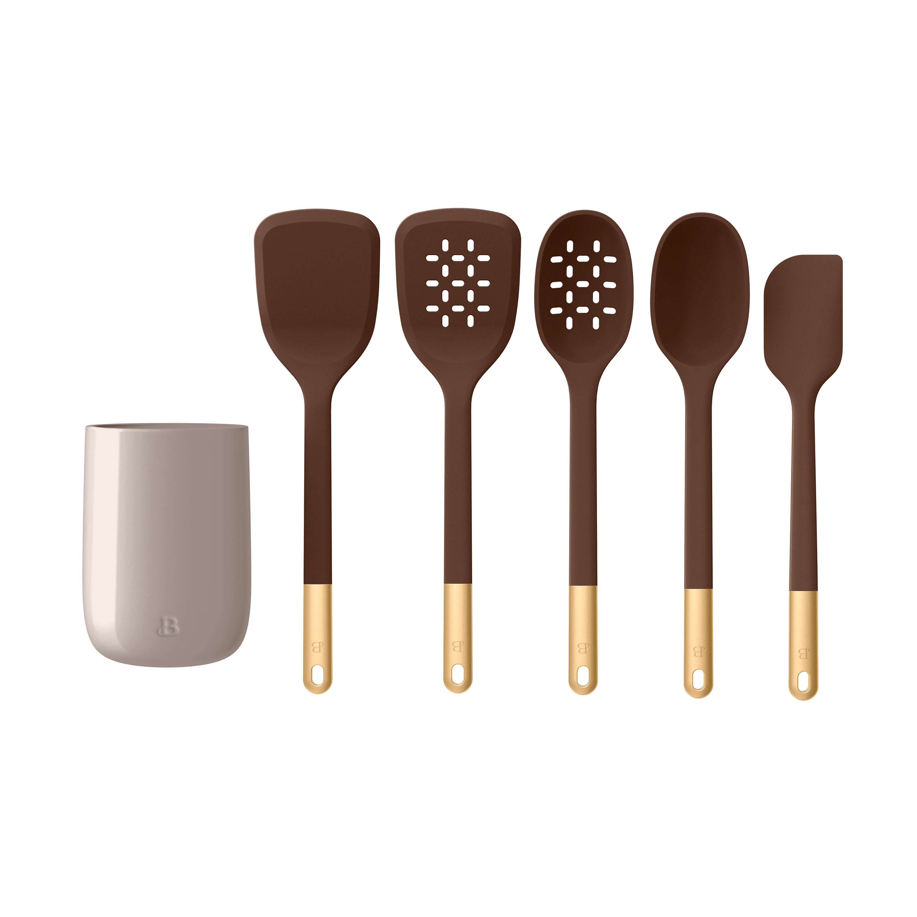 Beautiful 6-Piece Silicone Kitchen Tool Set with Ceramic Crock, Chocolate by Drew Barrymore