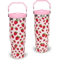 30 oz Tumbler with Handle Flip Straw Leak Proof - Strawberry Cup 30oz Tumbler Travel Coffee Mug with Handle - Birthday Gifts for Women Strawberry Lovers 30 Ounce Stainless Steel Cup