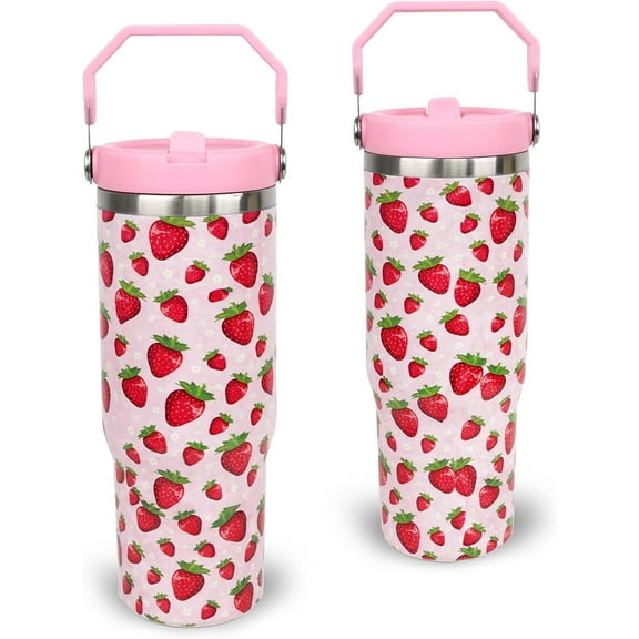 30 oz Tumbler with Handle Flip Straw Leak Proof - Strawberry Cup 30oz Tumbler Travel Coffee Mug with Handle - Birthday Gifts for Women Strawberry Lovers 30 Ounce Stainless Steel Cup