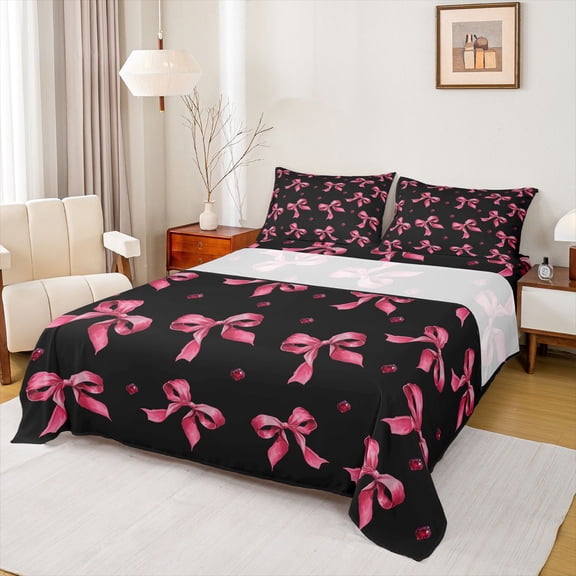 Homewish Black Pink Bowknot Twin Sheet Sets for Kids, Kawaii Princess Ribbon Twin Fitted Sheet, Cute Cartoon Flat Sheet, Super Cozy Room Decor, 3-Piece