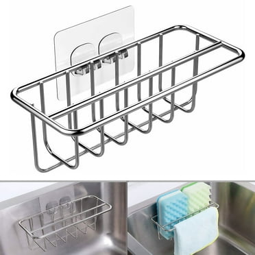 Kitchen Sink Brush Holder, 2 in 1 Stainless Steel Sink Caddy Organizer, Rustproof & Durable Adhesive Sponge Holder Drain Rack (Silver)