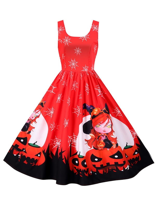 HULKY Womens Skeleton Skull Halloween Dresses Short Sleeves Casual A-line Flare Skater Party Costume Midi Halloween Pumpkin Dress