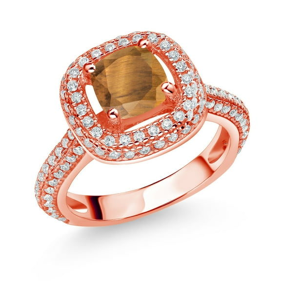 Gem Stone King 18K Rose Gold Plated Silver Brown Tiger Eye and White Moissanite Engagement Ring for Women (1.63 Cttw, Cushion 6MM, Gemstone, Size 9)