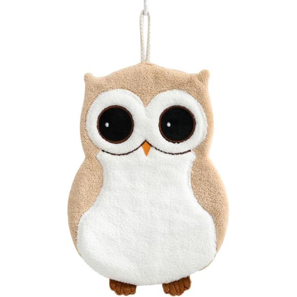 Lunfar Creative Super Cute Kawaii Hangable Round Face Animal Friends Hand Towel, Dry Hands Instantly Kitchen Household Cleaning Cloths Towel Thick Coral Fleece Hanging Towel -Grey Owl