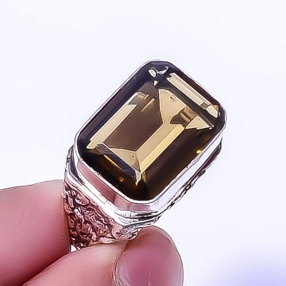 Smoky Quartz Handmade 925 Sterling Silver Bali Ring s.8 R7469-5, Christmas Gift, Gemstone Silver Jewelry, Quartz Ring, New Year Sale