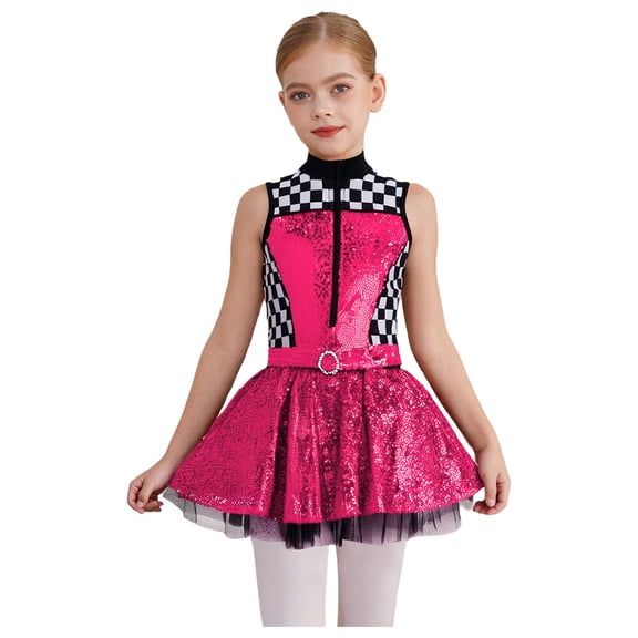 vastwit Kids Girls Sleeveless Checkerboard Sequins Tutu Dress Figure Ice Skating Performance Dance Party Wear Hot Pink 14
