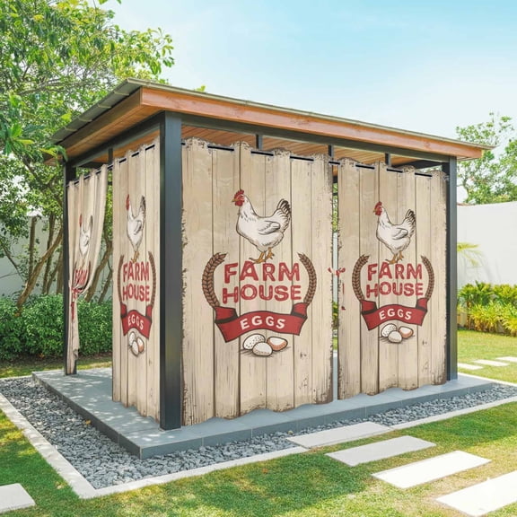 Farmhouse Chicken Outdoor Curtains for Patio, Country Retro Farm Barn Eggs Wood Grain Waterproof Outside Curtains Privacy Blackout Curtain for Porch Pergola Cabana, 2 Panel 54W x 84L Inch