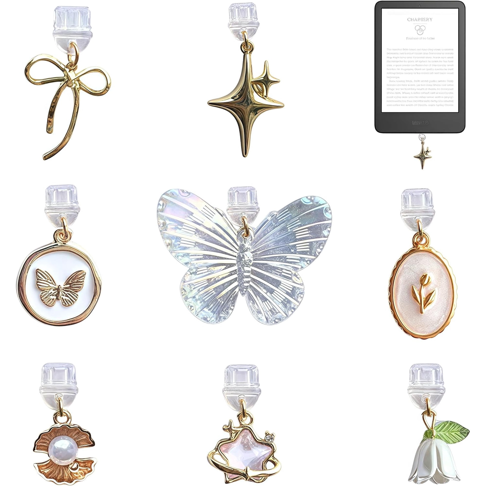 8 Pcs Charms for Kindle, Butterfly Star Bow Flower Design, Compatible with Kindle and Phone Type C Charging Ports